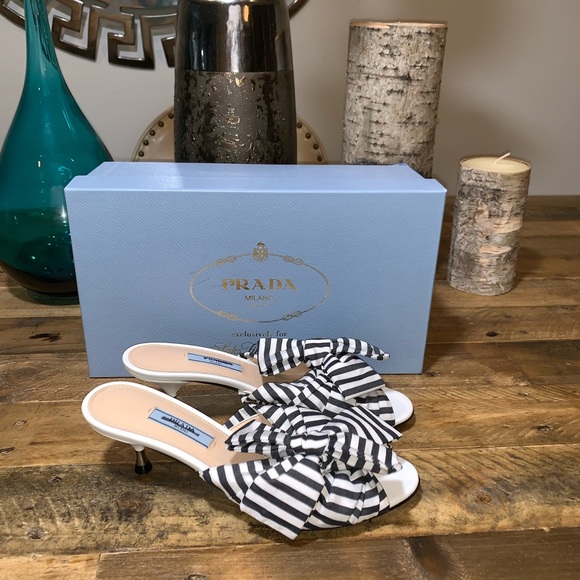 Prada Striped Bow Kitten Heel Sandals - Picture 5 of 8